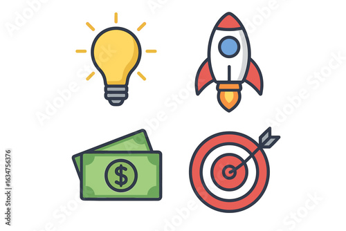 Icon set featuring lightbulb rocket money target illustrations