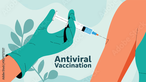 Teal gloved hand administering antiviral vaccination to orange arm with blue syringe medical health