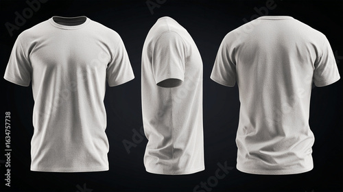 Fashion-focused gray t-shirt mock-up template with smart composition. Trending t-shirt mock-up offers front, side, and back views to visualize the product in real context
