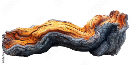 Abstract organic sculpture with fiery orange and earthy gray textures isolated on transparent background