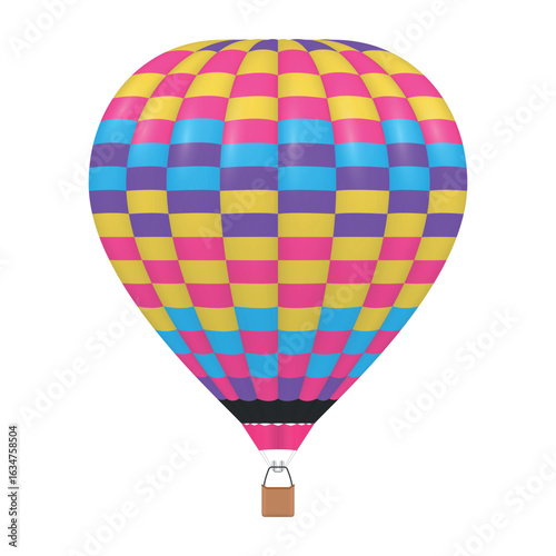 Hot air balloon illustration with bright print on white background suitable for travel and tourism related projects