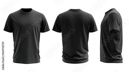 Realistic black t-shirt mock-up template featuring three angles. The t-shirt mock up is ideal for showcasing garment design, branding, and printing.