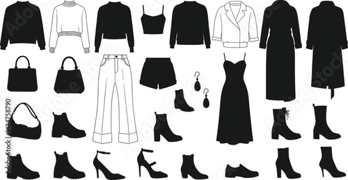 Fashion item collection, clothing and accessories vector, shoes, bags, tops, coats, earrings, outfit elements, cad drawing flat vector illustration