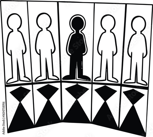 Social Commentary:  An illustration featuring a stark visual metaphor of social representation, individuality, and exclusion.