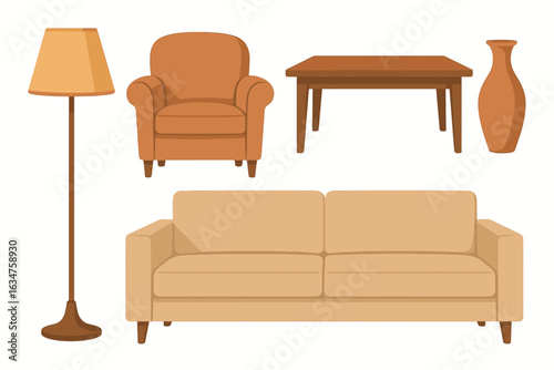 Cozy living room furniture set with sofas, armchair, table, lamp, and vase