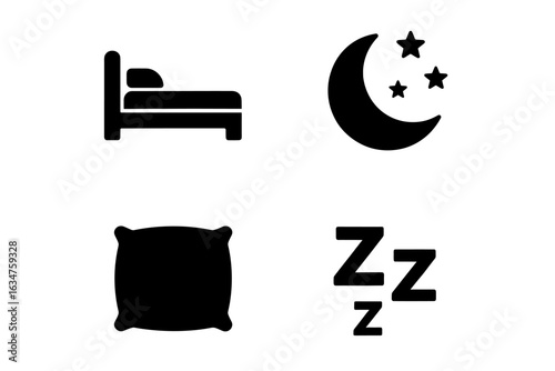 Sleep symbols: bed, pillow, moon, stars, and zzz icons for restful night themes