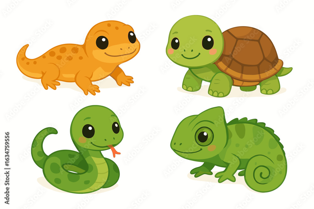 Obraz premium Cute cartoon reptiles: gecko, turtle, snake, chameleon