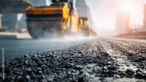 Fresh Asphalt with Steamroller in Background