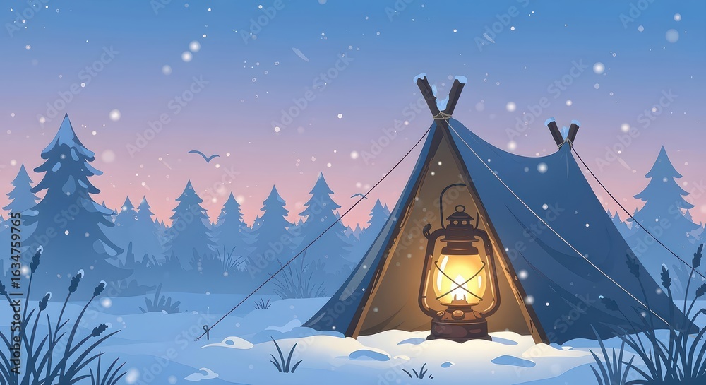 Fototapeta premium Cozy Tent and Glowing Lantern in a Serene Snowy Winter Forest - Illustration for Digital Detox and Slow Living Themes