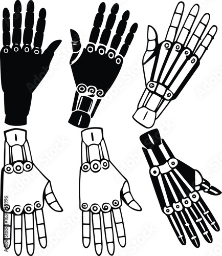Mechanical Marvels: An abstract image of six detailed, mechanical hands, meticulously crafted to represent advanced technology and innovation, ready for futuristic uses