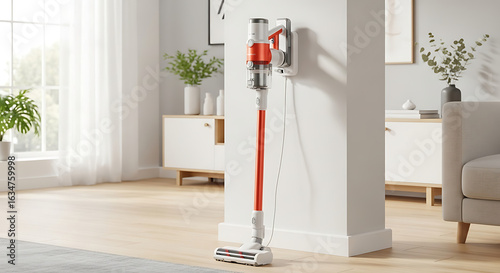 A cordless stick vacuum cleaner charging on a wall mount in a modern living room setting indoors ai generated
