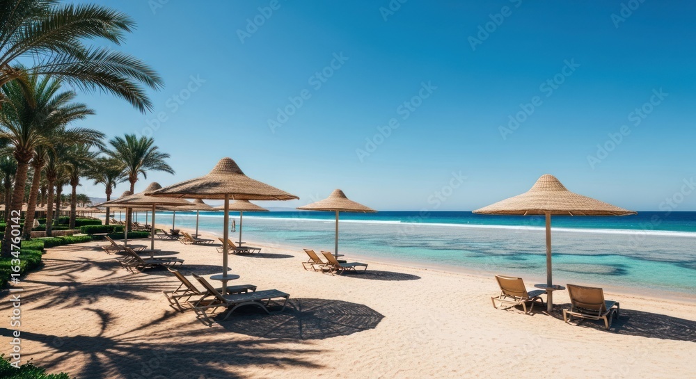 Fototapeta premium Tropical beach resort with sunshades and palm trees