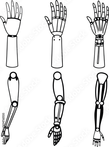 Robotic Arm Art: A precise and detailed monochrome study of robotic arms, showcasing the intricate engineering of artificial limbs, designed for both functionality and aesthetic appeal.