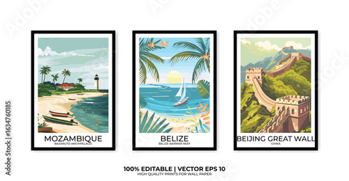 Set of 3 Vintage travel posters, Vintage travel illustrations, Vector colorful illustrations. Trendy printable wall art with beautiful landscapes.