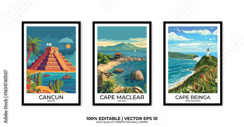 Set of 3 Vintage travel posters, Vintage travel illustrations, Vector colorful illustrations. Trendy printable wall art with beautiful landscapes.