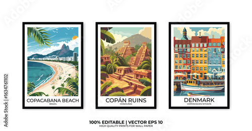 Set of 3 Vintage travel posters, Vintage travel illustrations, Vector colorful illustrations. Trendy printable wall art with beautiful landscapes.