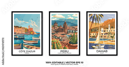 Set of 3 Vintage travel posters, Vintage travel illustrations, Vector colorful illustrations. Trendy printable wall art with beautiful landscapes.