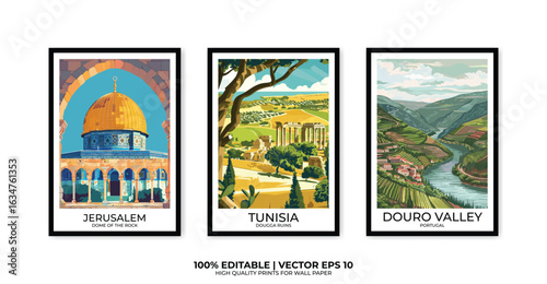 Set of 3 Vintage travel posters, Vintage travel illustrations, Vector colorful illustrations. Trendy printable wall art with beautiful landscapes.