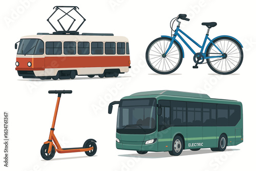 Sustainable urban transport: tram, bike, electric scooter, and bus