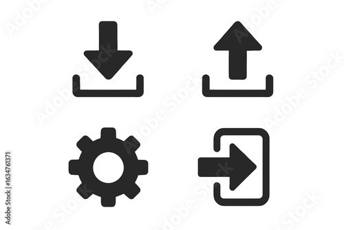 Set of black download, upload, gear, and logout icons on white background