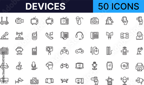 Devices icon set in line style. collection of electronics linear icons, including router, camera, tv, microphone, phone, vr headset, game controller, drone, printer and more. Vector icons