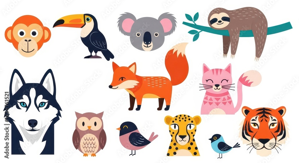 Obraz premium Flat illustration of a vibrant collection of cute cartoon animals, including a monkey, toucan, koala, sloth, husky, fox, owl, cat, leopard, and tiger