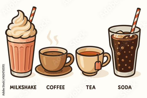 Assorted beverages: milkshake, coffee, tea, soda with straws
