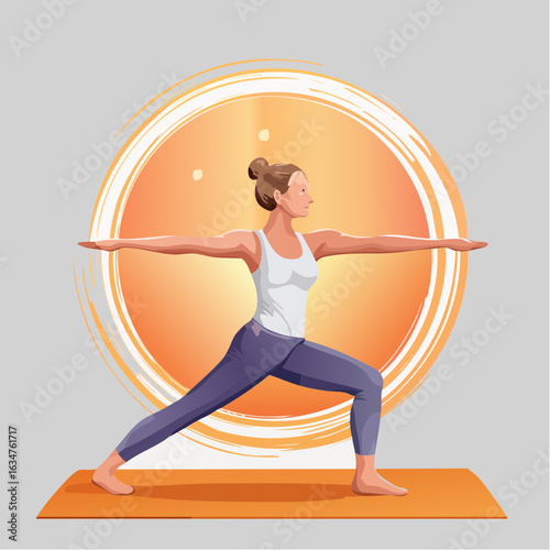  Yoga-Pose „Krieger II“ im Sonnenaufgang