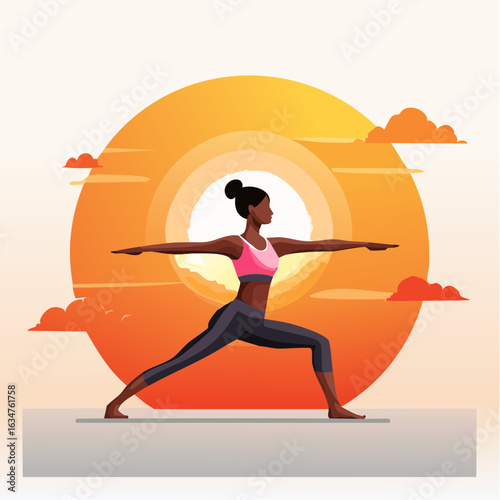  Yoga-Pose „Krieger II“ im Sonnenaufgang