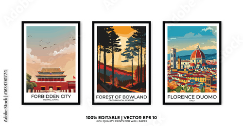 Set of 3 Vintage travel posters, Vintage travel illustrations, Vector colorful illustrations. Trendy printable wall art with beautiful landscapes.