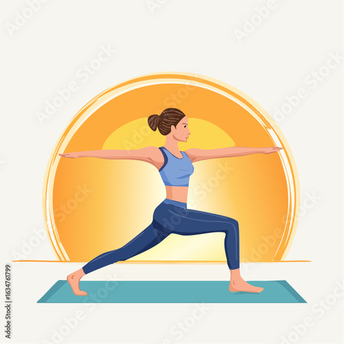  Yoga-Pose „Krieger II“ im Sonnenaufgang