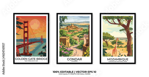 Set of 3 Vintage travel posters, Vintage travel illustrations, Vector colorful illustrations. Trendy printable wall art with beautiful landscapes.