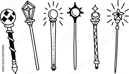 Enchanting Collection of Magic Wands: A captivating sketch showcases a diverse assortment of intricately designed magic wands, each radiating its own unique brilliance and charm. 