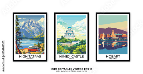 Set of 3 Vintage travel posters, Vintage travel illustrations, Vector colorful illustrations. Trendy printable wall art with beautiful landscapes.