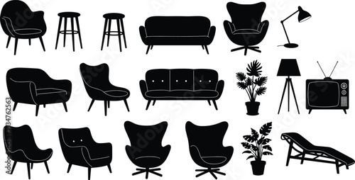 Furniture silhouettes collection, armchairs, sofas, bar stools, lamps, potted plants, home decor icons, interior design elements, black vector set
