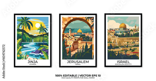 Set of 3 Vintage travel posters, Vintage travel illustrations, Vector colorful illustrations. Trendy printable wall art with beautiful landscapes.