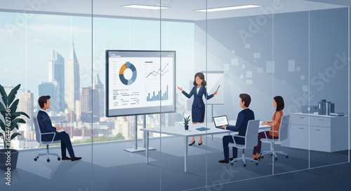 3D business meeting scene with diverse team sitting around a round table in a professional office