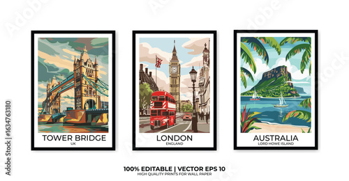 Set of 3 Vintage travel posters, Vintage travel illustrations, Vector colorful illustrations. Trendy printable wall art with beautiful landscapes.