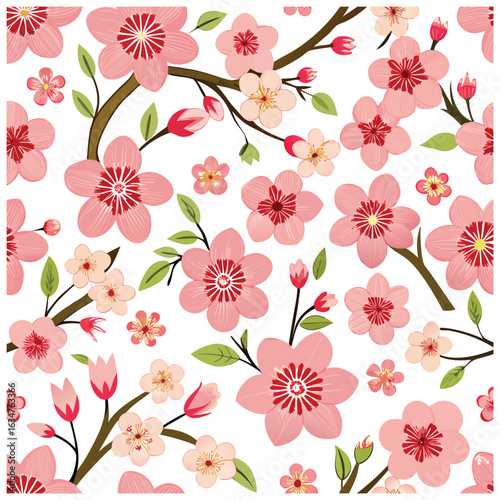 Wallpaper Mural Seamless Spring Floral Pattern with Pink Cherry Blossoms and Green Leaves on White Background Torontodigital.ca