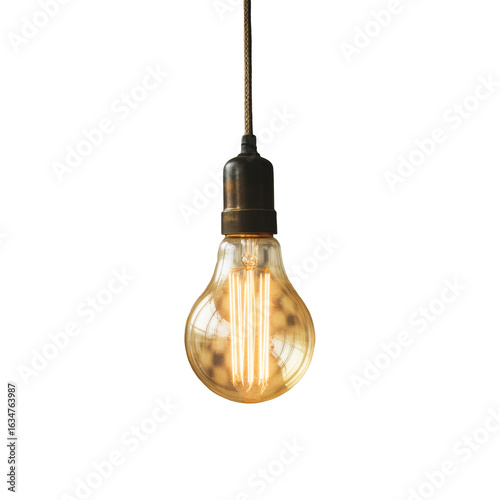 Vintage edison light bulb hanging from a cord isolated on transparent background