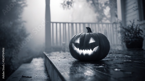 Candle glowing inside carved pumpkin foggy porch spooky Halloween concept in moody autumn black and white photography