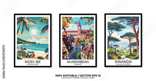 Set of 3 Vintage travel posters, Vintage travel illustrations, Vector colorful illustrations. Trendy printable wall art with beautiful landscapes.