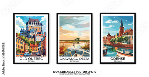 Set of 3 Vintage travel posters, Vintage travel illustrations, Vector colorful illustrations. Trendy printable wall art with beautiful landscapes.