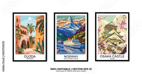 Set of 3 Vintage travel posters, Vintage travel illustrations, Vector colorful illustrations. Trendy printable wall art with beautiful landscapes.