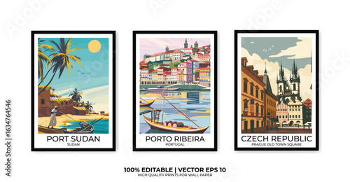 Set of 3 Vintage travel posters, Vintage travel illustrations, Vector colorful illustrations. Trendy printable wall art with beautiful landscapes.