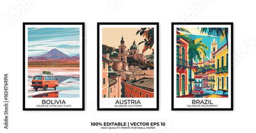 Set of 3 Vintage travel posters, Vintage travel illustrations, Vector colorful illustrations. Trendy printable wall art with beautiful landscapes.