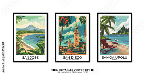 Set of 3 Vintage travel posters, Vintage travel illustrations, Vector colorful illustrations. Trendy printable wall art with beautiful landscapes.