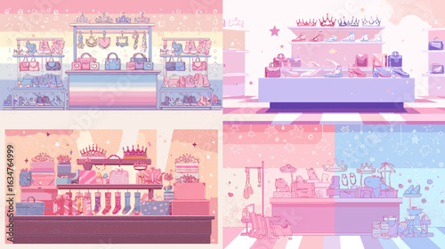 Pastel Shopping Store Display
Description: Cute pastel illustration of store displays featuring bags, shoes, and accessories in a soft colorful design perfect for fashion and retail themes.