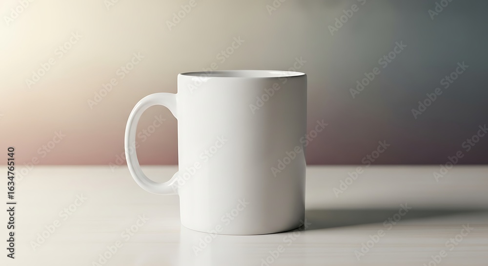 Fototapeta premium Elegant white ceramic mug sits on a bright surface, showcasing minimalistic and clean design with