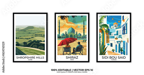 Set of 3 Vintage travel posters, Vintage travel illustrations, Vector colorful illustrations. Trendy printable wall art with beautiful landscapes.